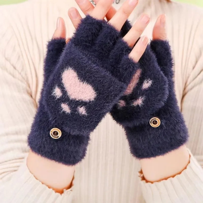 Cat Paw Plush Fingerless Gloves