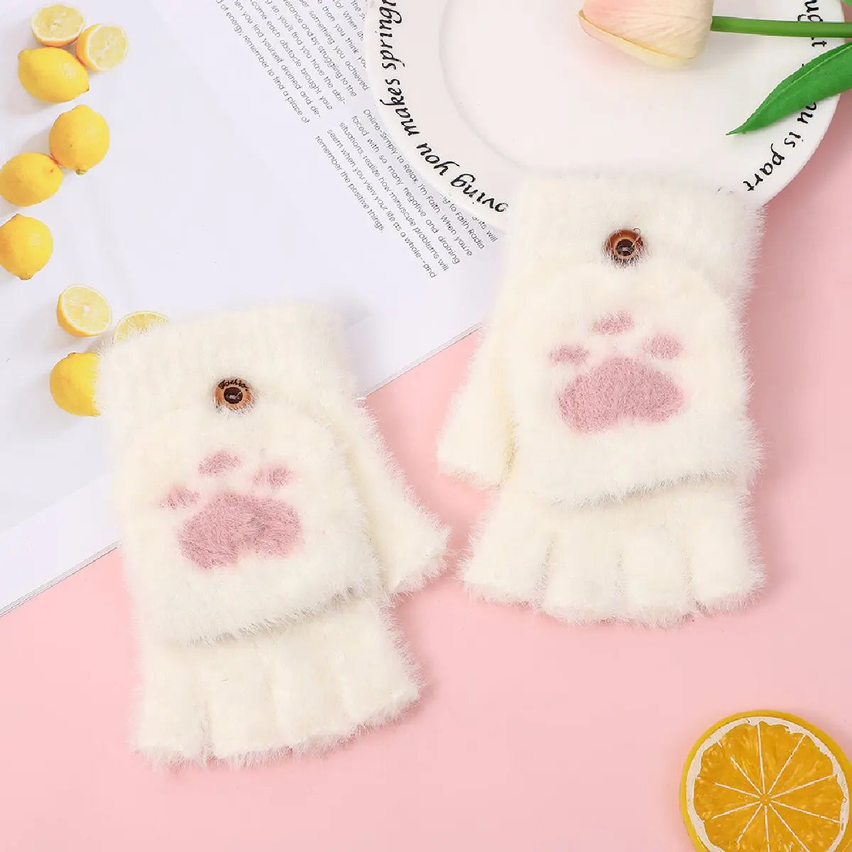 Cat Paw Plush Fingerless Gloves