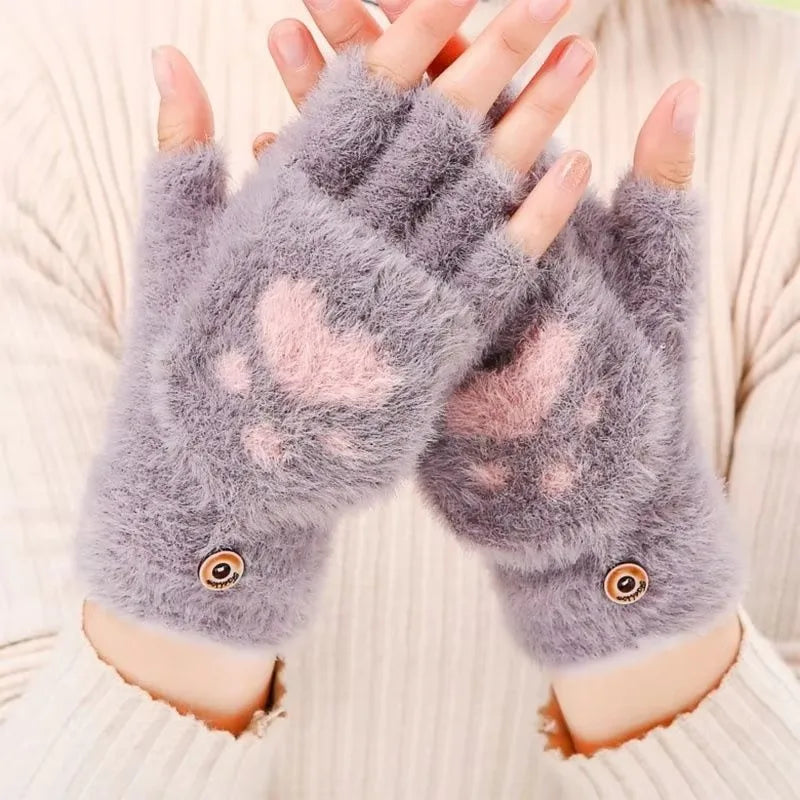 Cat Paw Plush Fingerless Gloves