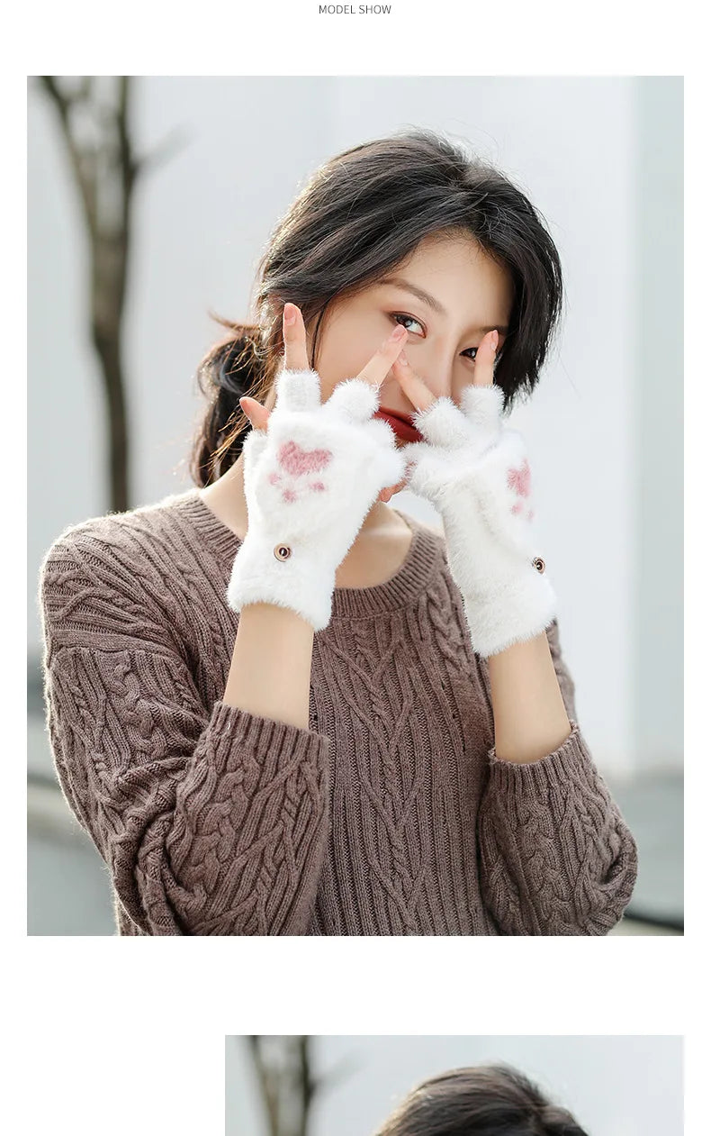 Cat Paw Plush Fingerless Gloves