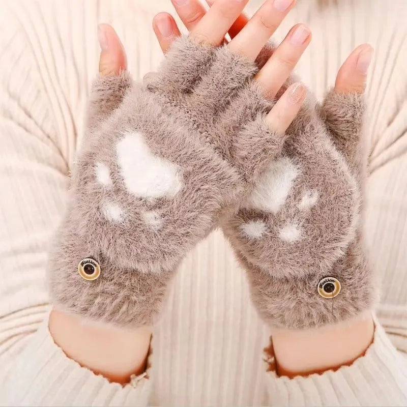Cat Paw Plush Fingerless Gloves