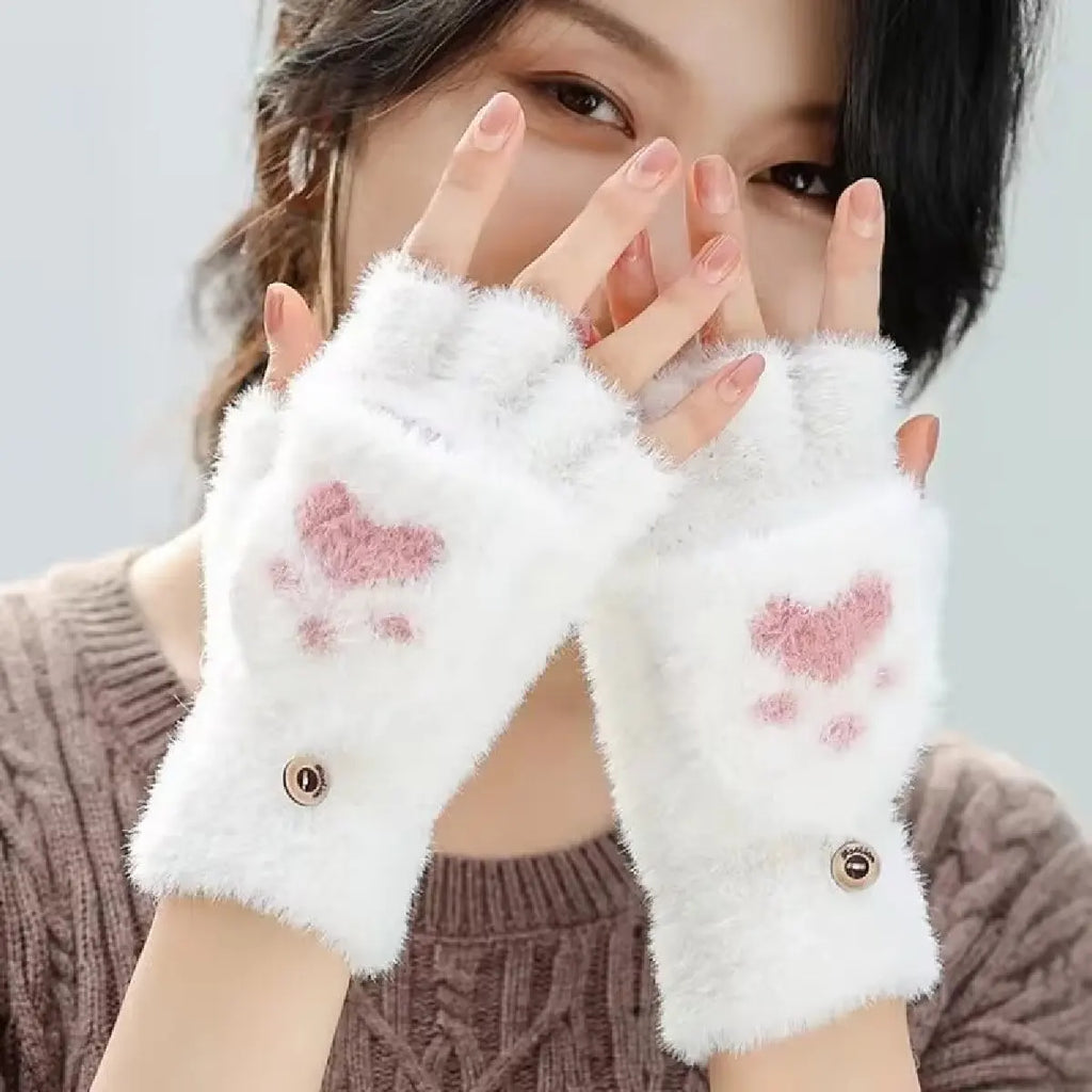 Cat Paw Plush Fingerless Gloves