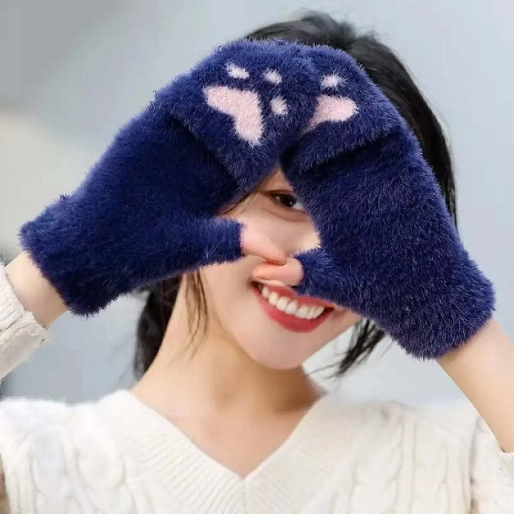 Cat Paw Plush Fingerless Gloves