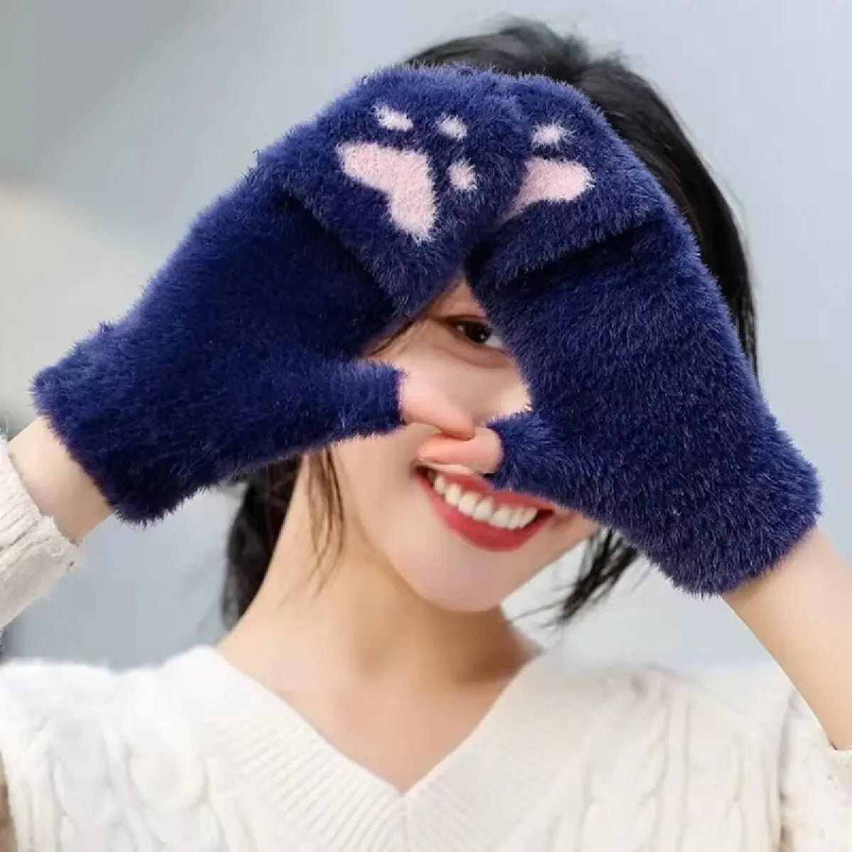 Cat Paw Plush Fingerless Gloves
