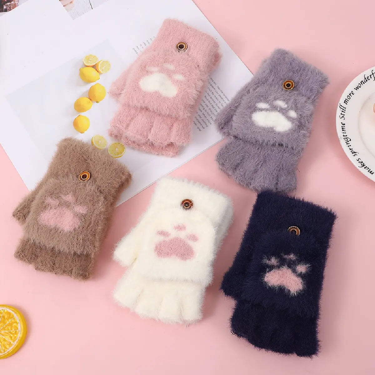 Cat Paw Plush Fingerless Gloves
